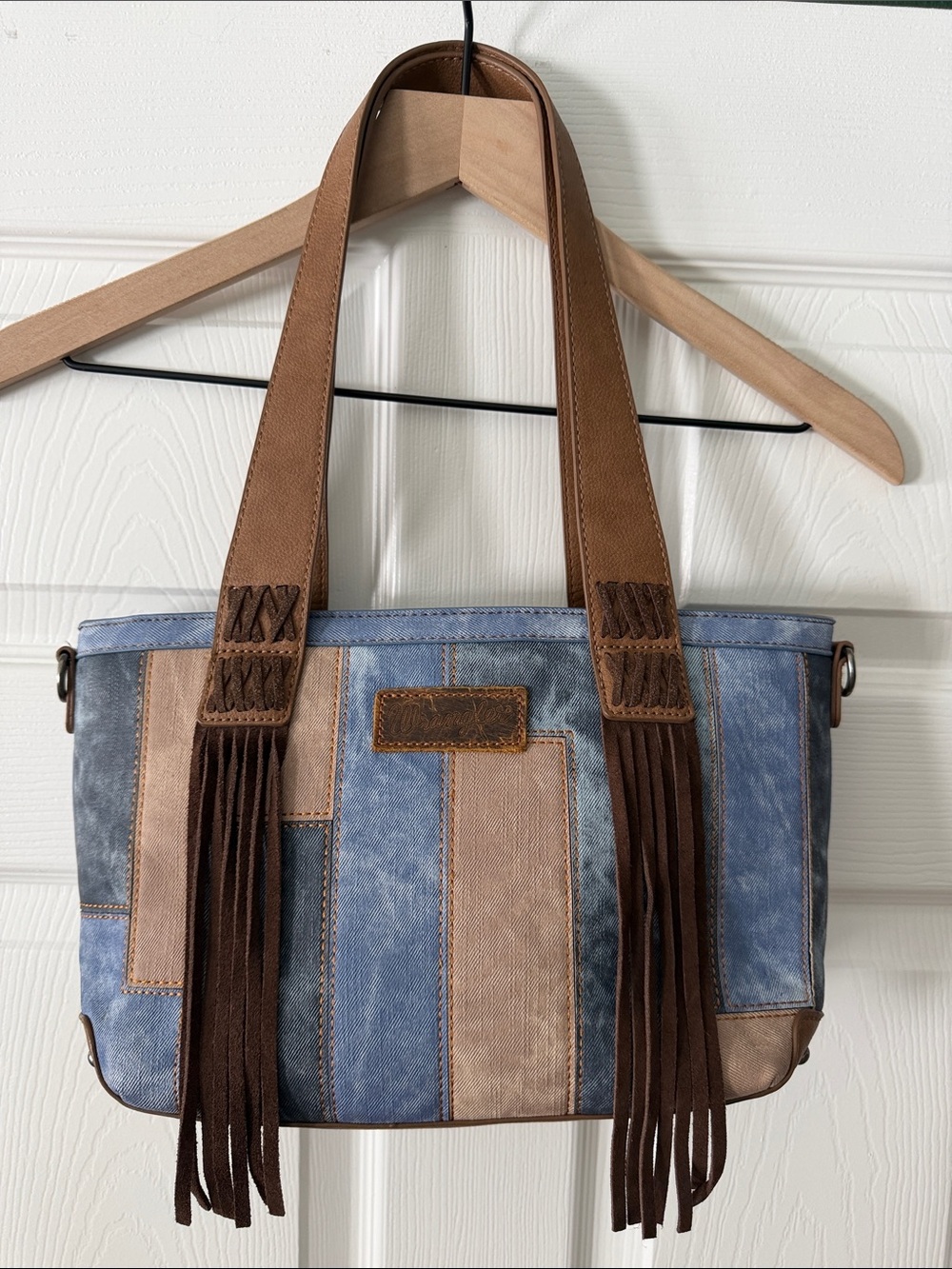 Wrangler Blue and Tan Patchwork Shoulder Bag with Brown Fringe